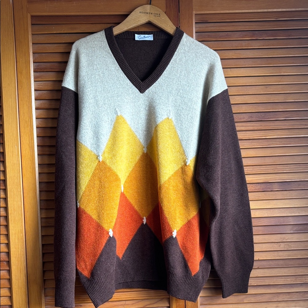 Coins Moore Colorful Merino Wool V-Neck Vintage Sweater size‎ XL - Picture 2 of 14